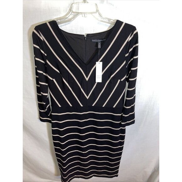 White House Black Market V Neck Dress Women’s Size 10 Black Striped Zip Back NWT - Picture 1 of 12
